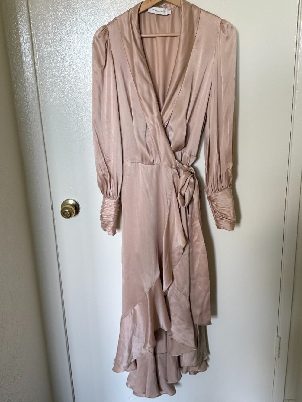 Zimmermann Blush Pink Ruffled Silk Satin Wrap Midi Dress 1 / S - Picture 2 of 12
